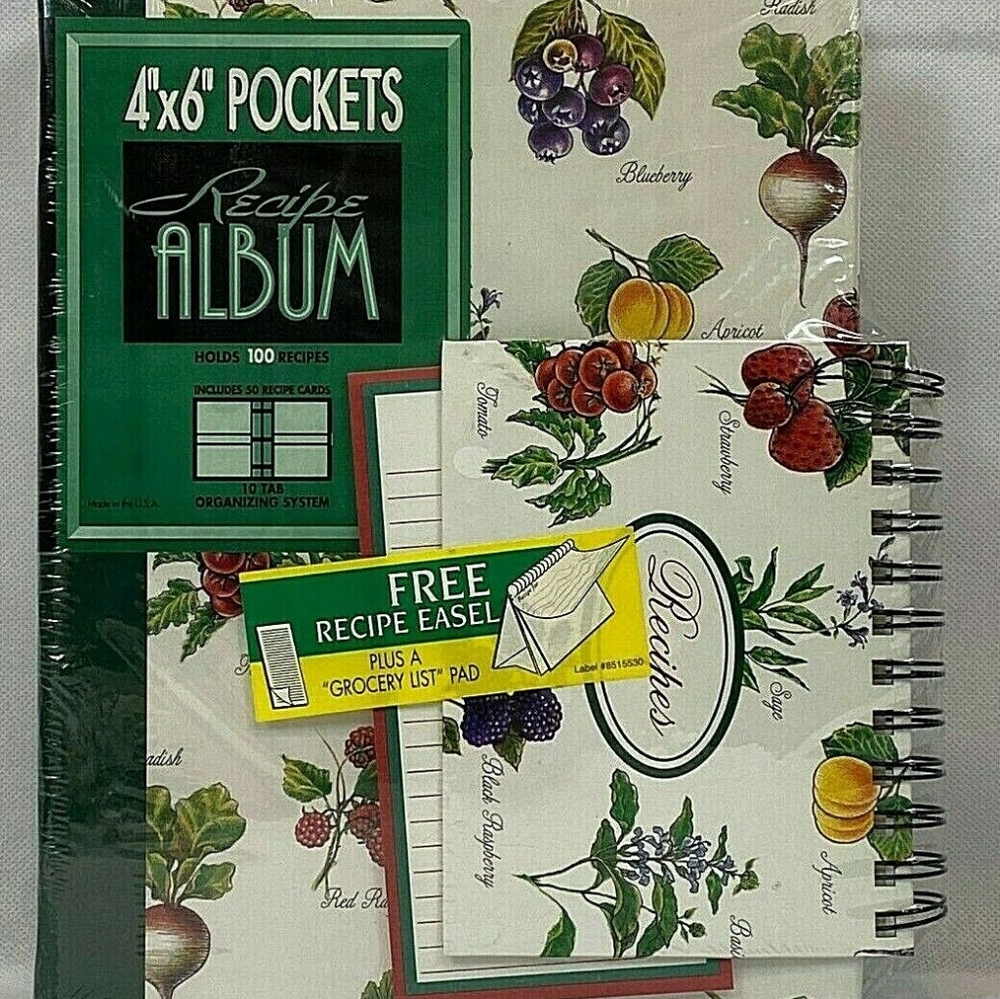 Vtg Sealed 100 Pocket Recipe Organizer Album 50 Recipe Cards, Easel, Grocery Pad